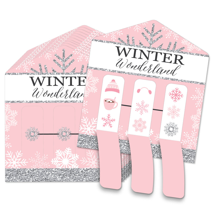 Pink Winter Wonderland - Holiday Snowflake Birthday Party and Baby Shower Game Pickle Cards - Pull Tabs 3-in-a-Row - Set of 12