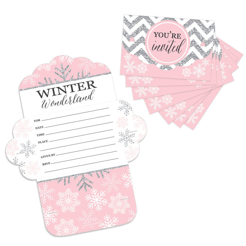 Pink Winter Wonderland - Fill-In Cards - Holiday Snowflake Birthday Party and Baby Shower Fold and Send Invitations - Set of 8