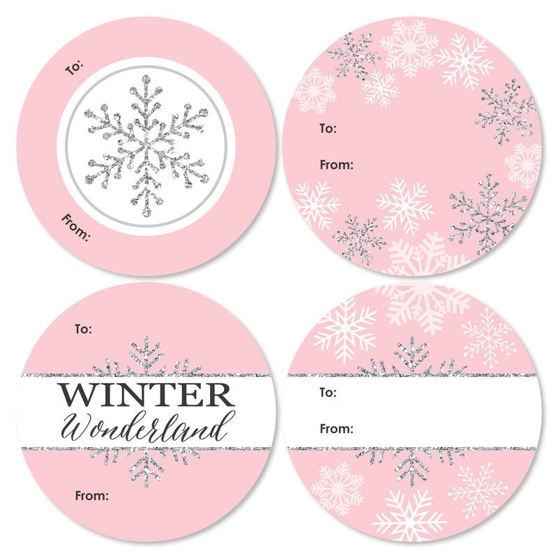 Pink Winter Wonderland - Round Holiday Snowflake Birthday Party and Baby Shower To and From Gift Tags - Large Stickers - Set of 8