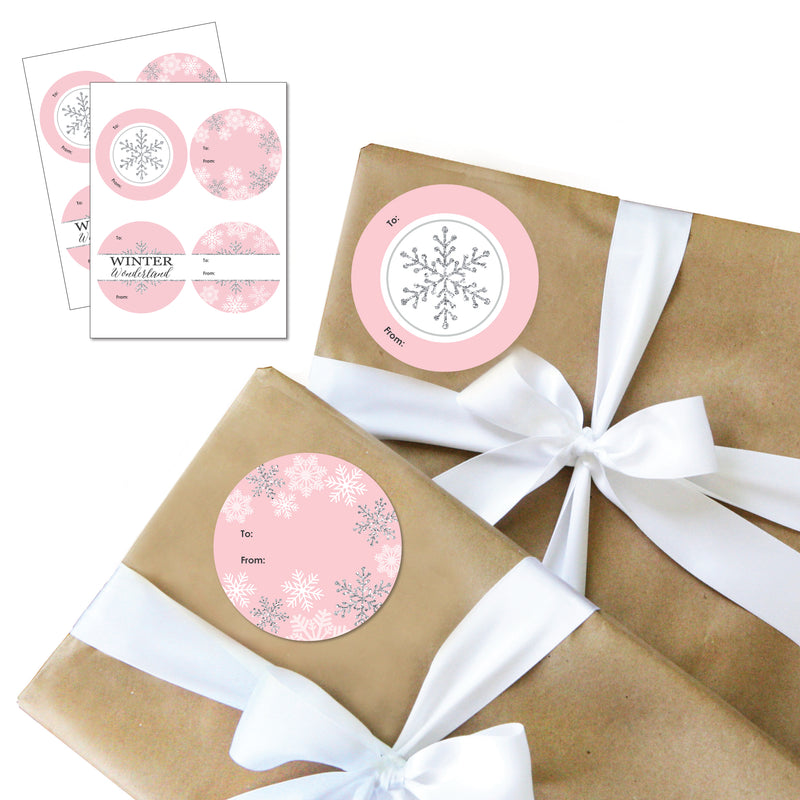 Pink Winter Wonderland - Round Holiday Snowflake Birthday Party and Baby Shower To and From Gift Tags - Large Stickers - Set of 8
