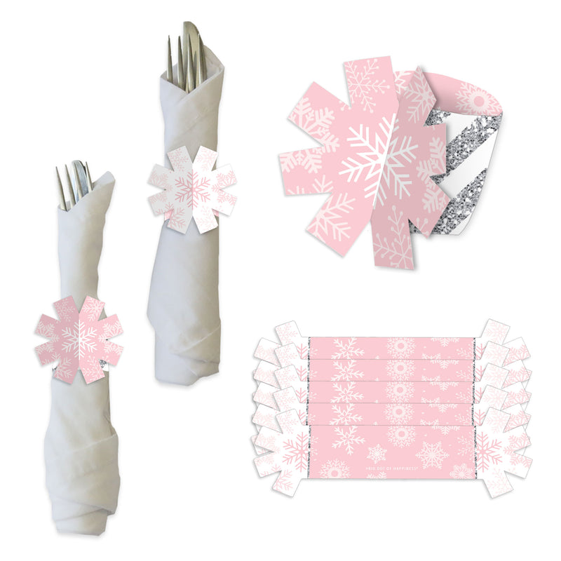 Pink Winter Wonderland - Holiday Snowflake Birthday Party and Baby Shower Paper Napkin Holder - Napkin Rings - Set of 24