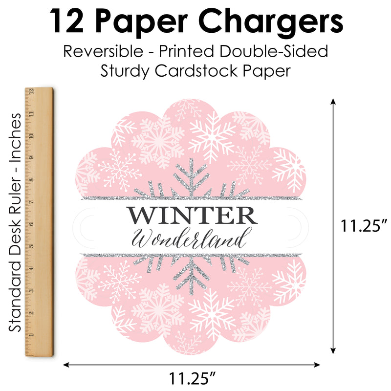 Pink Winter Wonderland - Holiday Snowflake Birthday Party and Baby Shower Round Table Decorations - Paper Chargers - Place Setting For 12