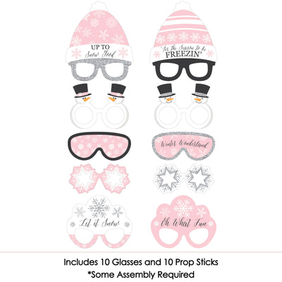 Pink Winter Wonderland Glasses and Headpieces - Paper Card Stock Holiday Snowflake Birthday Party and Baby Shower Photo Booth Props Kit - 10 Count
