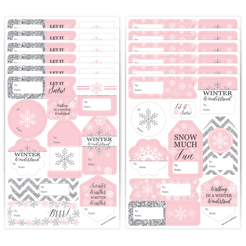 Pink Winter Wonderland - Assorted Holiday Snowflake Birthday Party and Baby Shower Gift Tag Labels - To and From Stickers - 12 Sheets - 120 Stickers