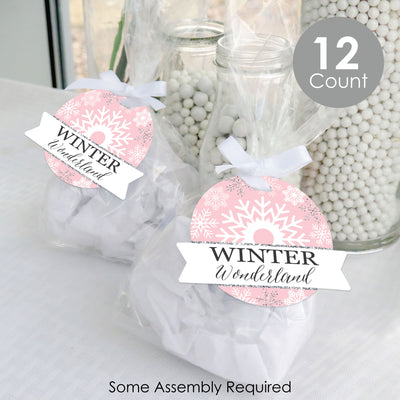 Pink Winter Wonderland - Holiday Snowflake Birthday Party and Baby Shower Clear Goodie Favor Bags - Treat Bags With Tags - Set of 12