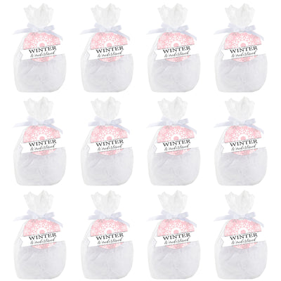 Pink Winter Wonderland - Holiday Snowflake Birthday Party and Baby Shower Clear Goodie Favor Bags - Treat Bags With Tags - Set of 12