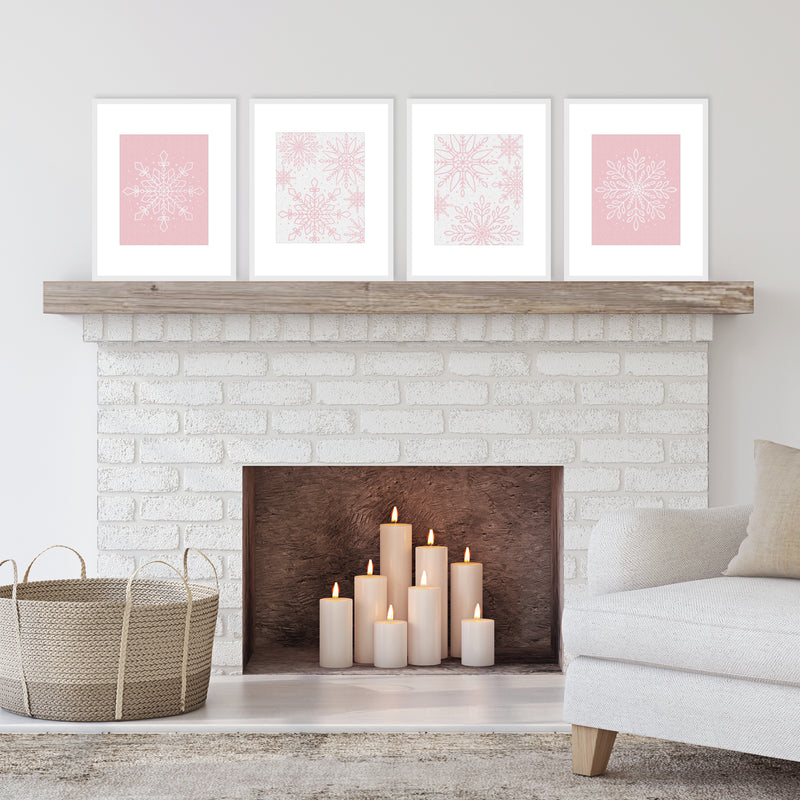 Pink Winter Wonderland - Unframed Holiday Snowflake Linen Paper Wall Art - Set of 4 - Artisms - 8 x 10 inches