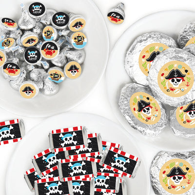 Pirate Ship Adventures - Mini Candy Bar Wrappers, Round Candy Stickers and Circle Stickers - Skull Birthday Party Candy Favor Sticker Kit - 304 Pieces