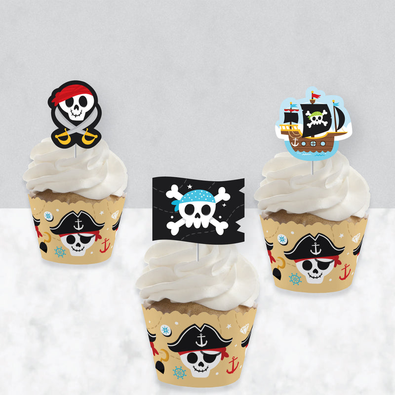 Pirate Ship Adventures - Cupcake Decoration - Skull Birthday Party Cupcake Wrappers and Treat Picks Kit - Set of 24