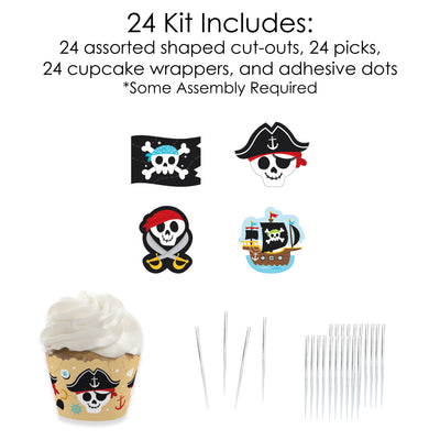 Pirate Ship Adventures - Cupcake Decoration - Skull Birthday Party Cupcake Wrappers and Treat Picks Kit - Set of 24