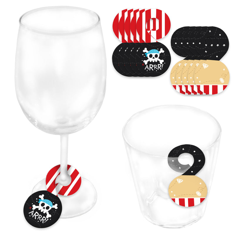 Pirate Ship Adventures - Skull Birthday Party Paper Beverage Markers for Glasses - Drink Tags - Set of 24