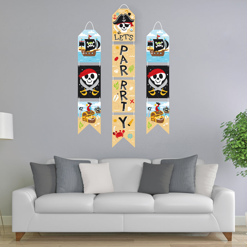 Pirate Ship Adventures - Hanging Vertical Paper Door Banners - Skull Birthday Party Wall Decor Kit - Indoor Door Decor