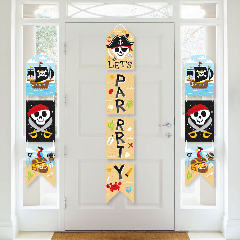 Pirate Ship Adventures - Hanging Vertical Paper Door Banners - Skull Birthday Party Wall Decor Kit - Indoor Door Decor