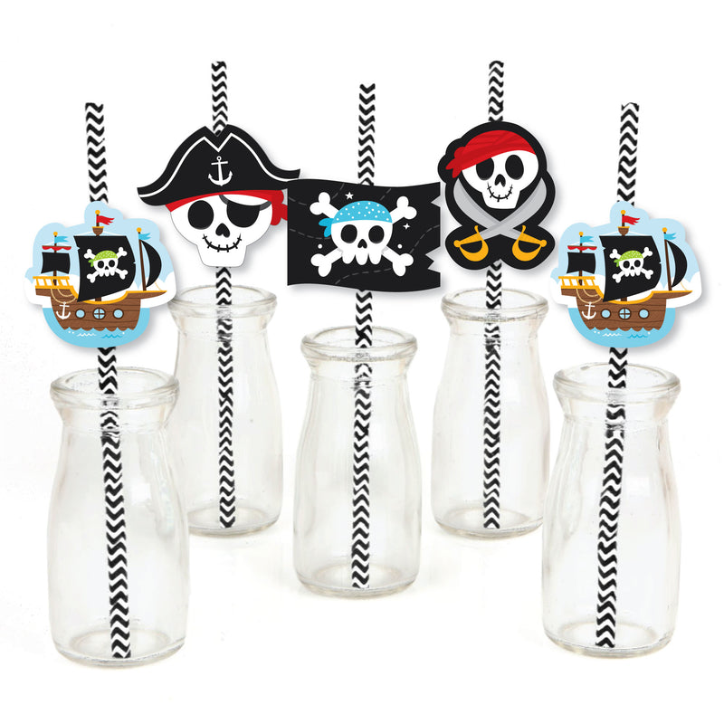 Pirate Ship Adventures - Paper Straw Decor - Skull Birthday Party Striped Decorative Straws - Set of 24
