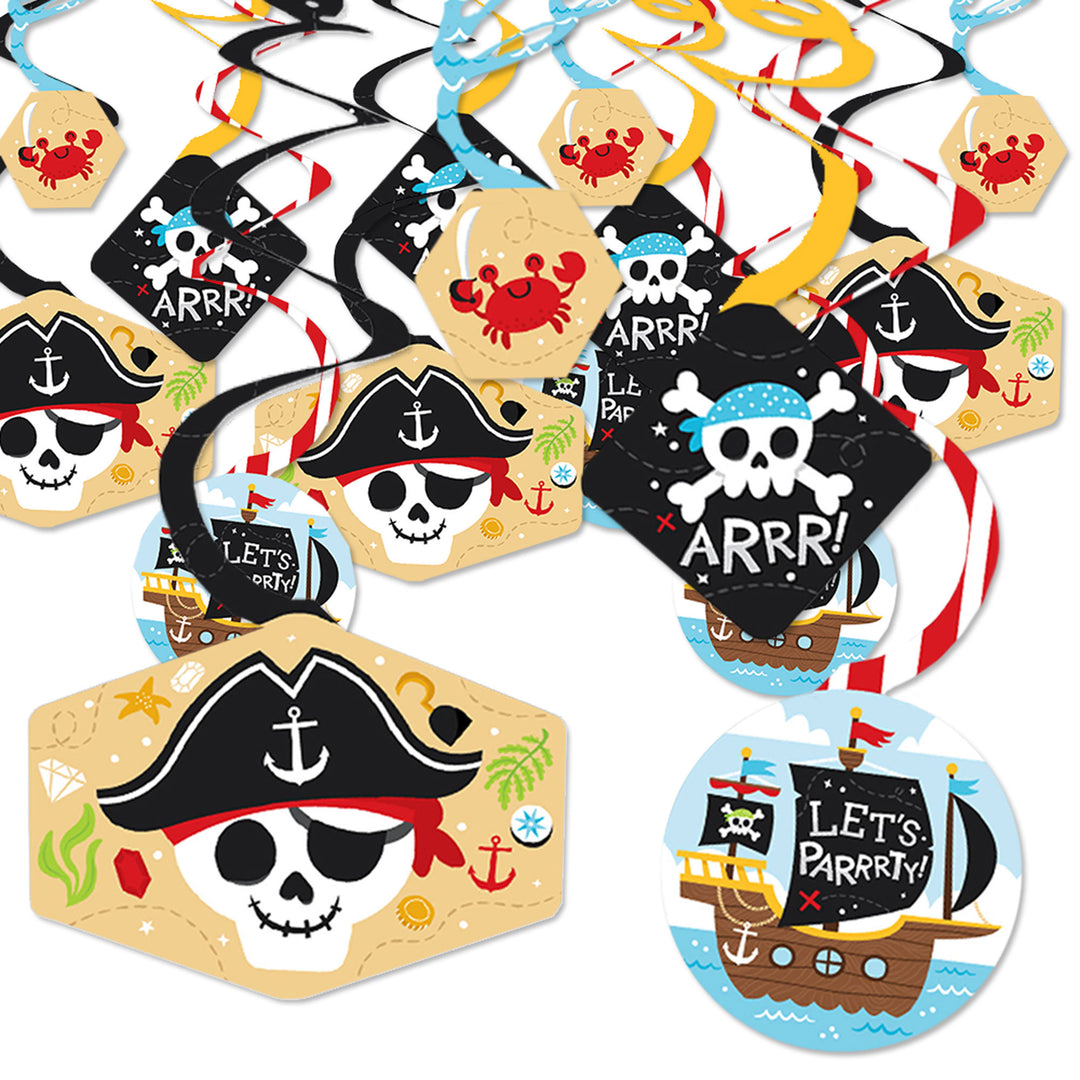 A set of pirate-themed birthday party decorations featuring various shapes with pirate and skull motifs, designed to be hung as decorations.