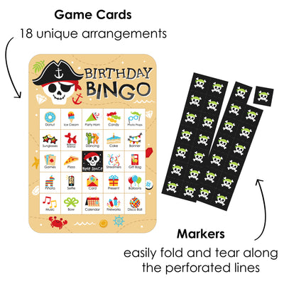 Pirate Ship Adventures - Picture Bingo Cards and Markers - Skull Birthday Party Bingo Game - Set of 18