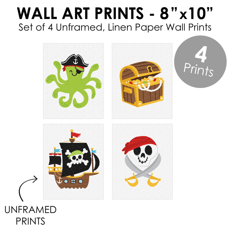Pirate Ship Adventures - Unframed Nautical Skull, Treasure Chest, and Octopus Linen Paper Wall Art - Set of 4 - Artisms - 8 x 10 inches