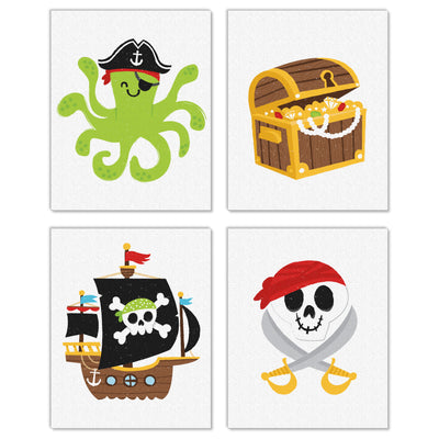Pirate Ship Adventures - Unframed Nautical Skull, Treasure Chest, and Octopus Linen Paper Wall Art - Set of 4 - Artisms - 8 x 10 inches