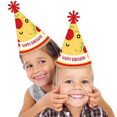 Pizza Party Time - Cone Happy Birthday Party Hats for Kids and Adults - Set of 8 (Standard Size)
