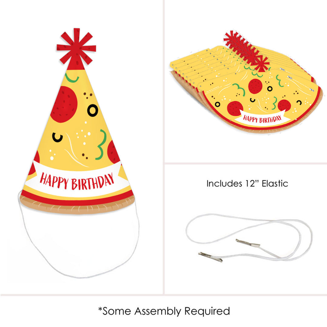 Pizza Party Time - Cone Happy Birthday Party Hats for Kids and Adults - Set of 8 (Standard Size)
