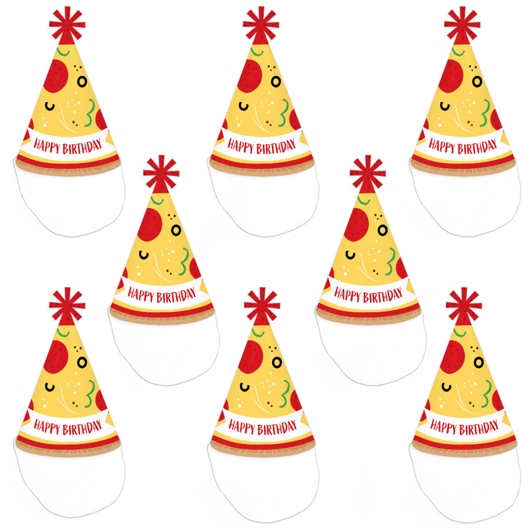 Pizza Party Time - Cone Happy Birthday Party Hats for Kids and Adults - Set of 8 (Standard Size)