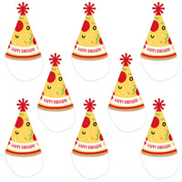 Pizza Party Time - Cone Happy Birthday Party Hats for Kids and Adults - Set of 8 (Standard Size)