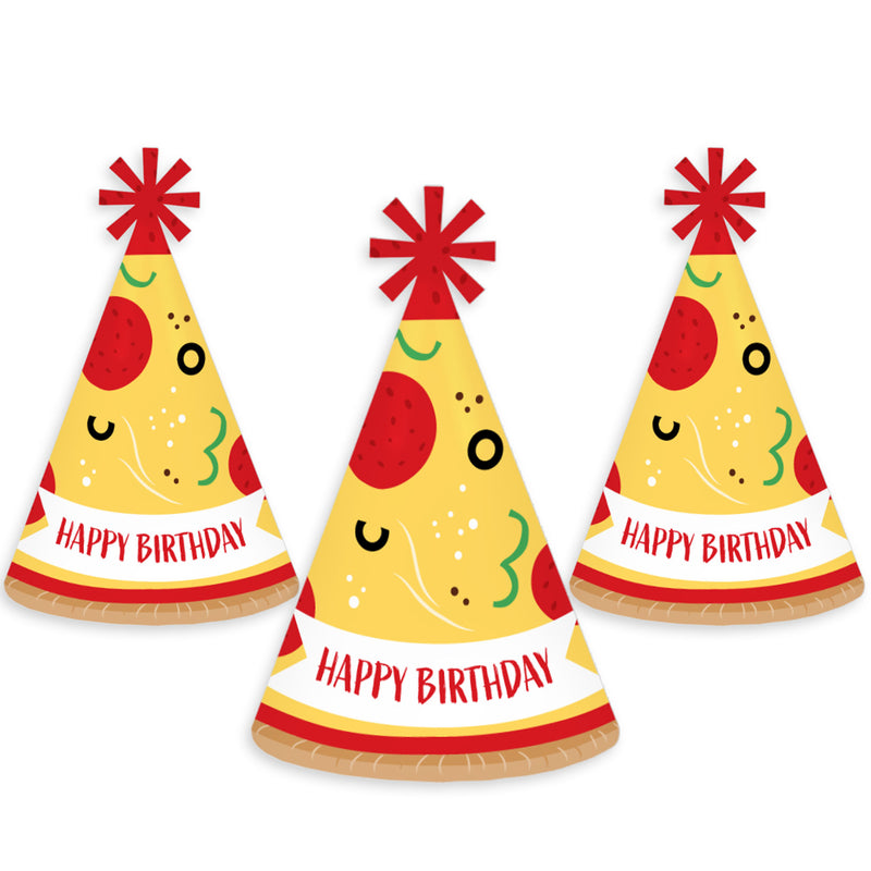 Pizza Party Time - Cone Happy Birthday Party Hats for Kids and Adults - Set of 8 (Standard Size)