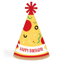 A cone-shaped party hat with a pizza party pattern and 'Happy Birthday' text, topped with a red star.
