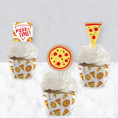 Pizza Party Time - Cupcake Decoration - Baby Shower or Birthday Party Cupcake Wrappers and Treat Picks Kit - Set of 24