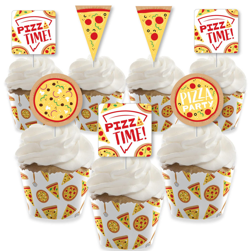 Pizza Party Time - Cupcake Decoration - Baby Shower or Birthday Party Cupcake Wrappers and Treat Picks Kit - Set of 24