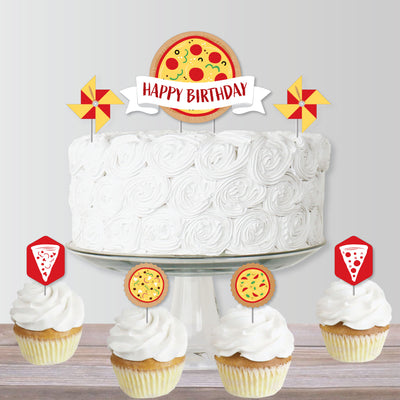 Pizza Party Time - Birthday Party Cake Decorating Kit - Happy Birthday Cake Topper Set - 11 Pieces