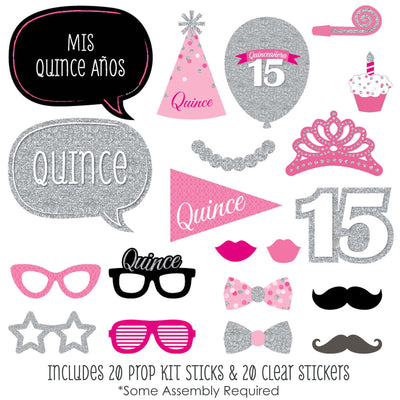 Quinceanera Pink - Sweet 15 - Birthday Party Photo Booth Props Kit - 20 Count