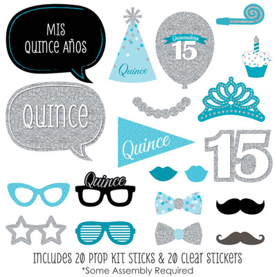 Quinceanera Teal - Sweet 15 - Birthday Party Photo Booth Props Kit - 20 Count