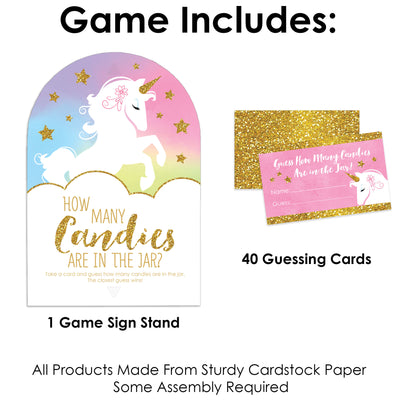 Rainbow Unicorn - How Many Candies Magical Unicorn Baby Shower or Birthday Party Game - 1 Stand and 40 Cards - Candy Guessing Game