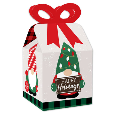 Red and Green Holiday Gnomes - Square Favor Gift Boxes - Christmas Party Bow Boxes - Set of 12
