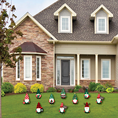 Red and Green Holiday Gnomes - Lawn Decorations - Outdoor Christmas Party Yard Decorations - 10 Piece