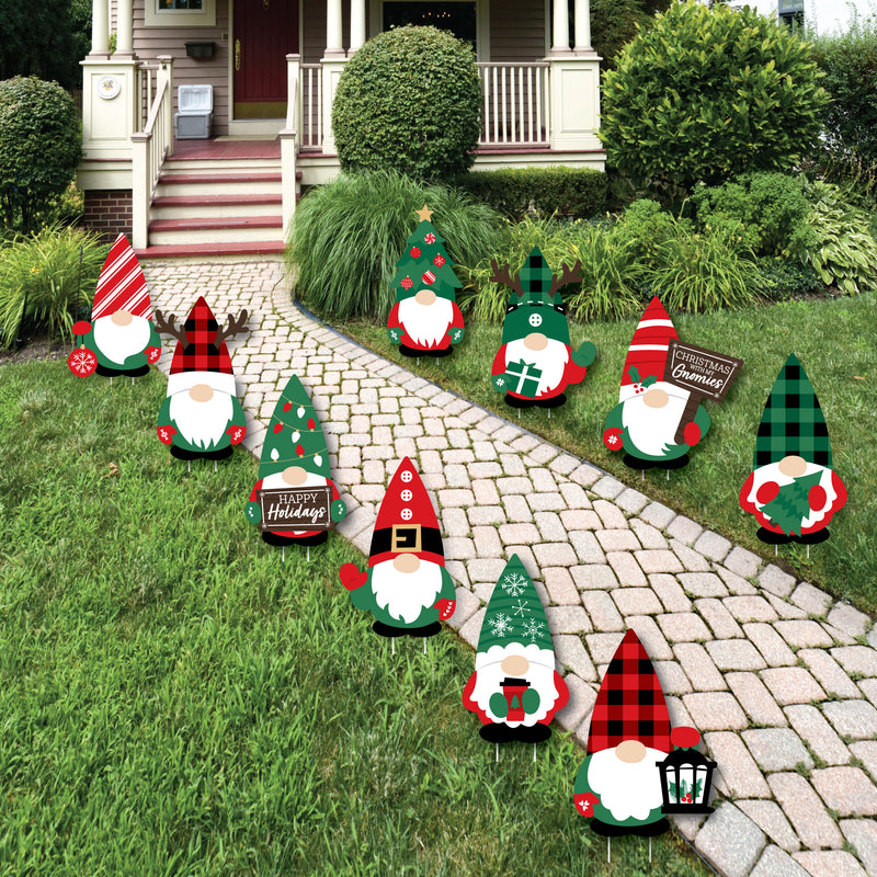 Red and Green Holiday Gnomes - Lawn Decorations - Outdoor Christmas Party Yard Decorations - 10 Piece