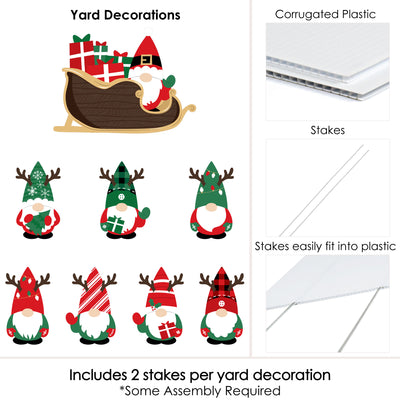 Red and Green Holiday Gnomes Santa Sleigh - Yard Sign and Outdoor Lawn Decorations - Christmas Party Yard Signs - Set of 8