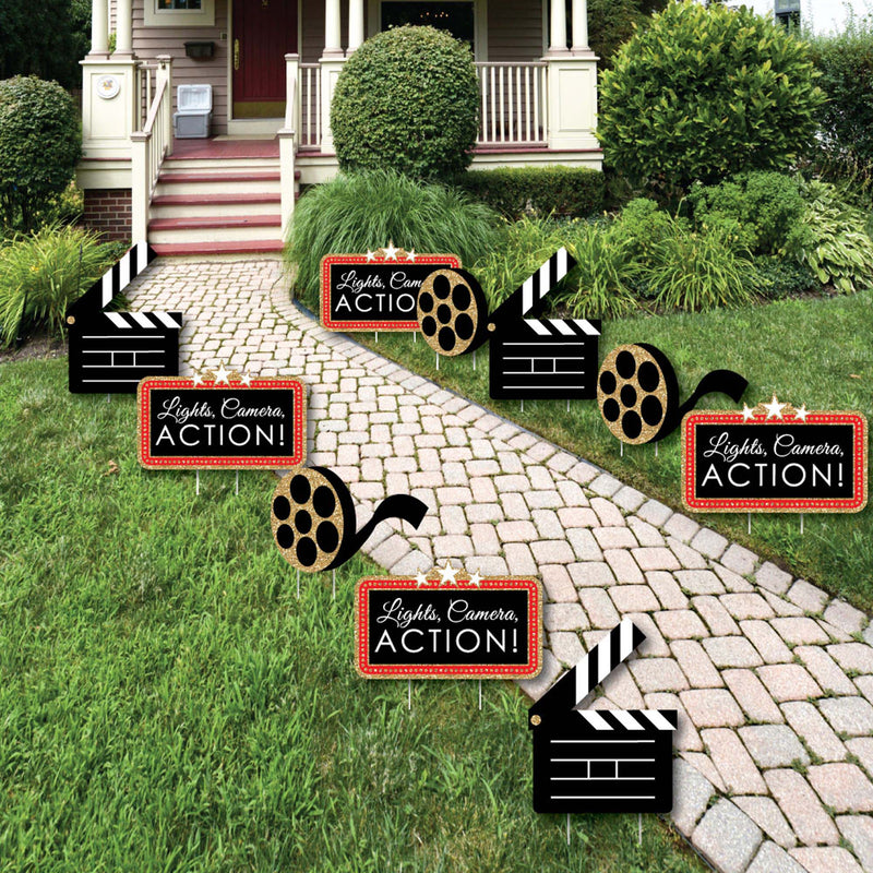 Red Carpet Hollywood - Clapboard and Film Reel Lawn Decorations - Outdoor Movie Night Party Yard Decorations - 10 Piece