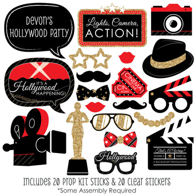 Red Carpet Hollywood - Personalized Movie Night Party Photo Booth Props Kit - 20 Count