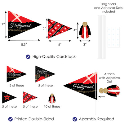 Red Carpet Hollywood - Triangle Movie Night Party Photo Props - Pennant Flag Centerpieces - Set of 20