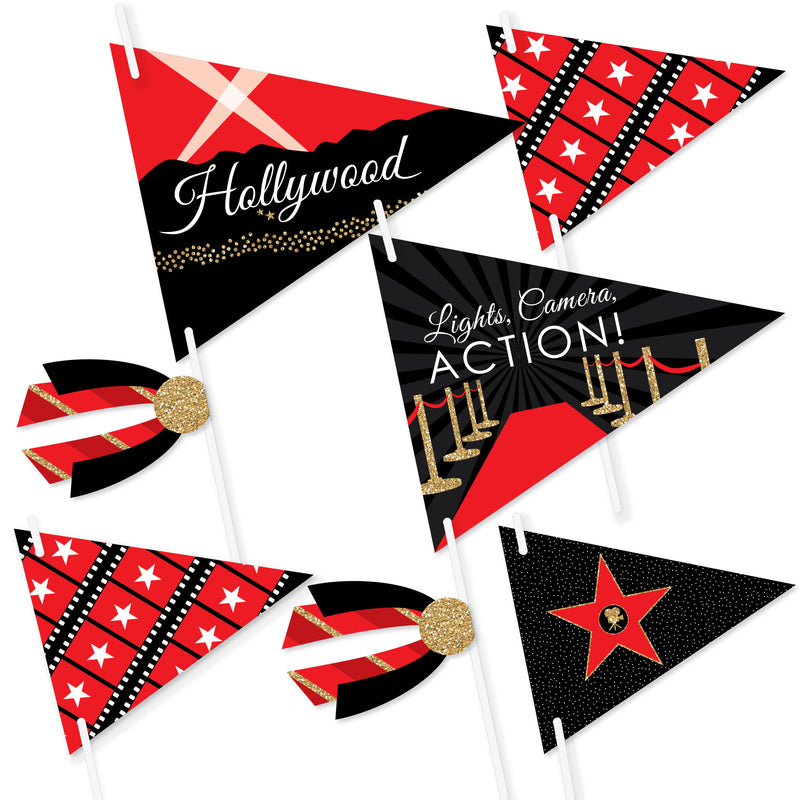 Red Carpet Hollywood - Triangle Movie Night Party Photo Props - Pennant Flag Centerpieces - Set of 20