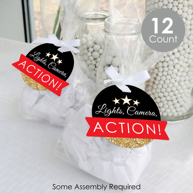 Red Carpet Hollywood - Movie Night Party Clear Goodie Favor Bags - Treat Bags With Tags - Set of 12