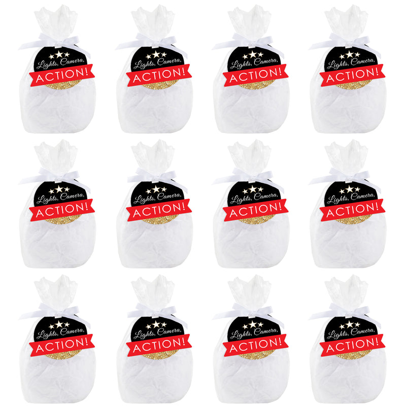 Red Carpet Hollywood - Movie Night Party Clear Goodie Favor Bags - Treat Bags With Tags - Set of 12