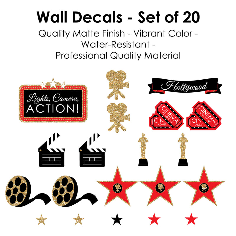 Red Carpet Hollywood - Peel and Stick Movie Theater Decor Vinyl Wall Art Stickers - Wall Decals - Set of 20