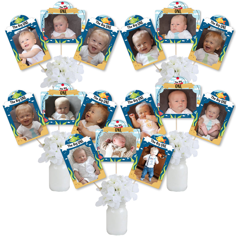 1st Birthday Reeling in the Big One - Fish First Birthday Party Picture Centerpiece Sticks - Photo Table Toppers - 15 Pieces