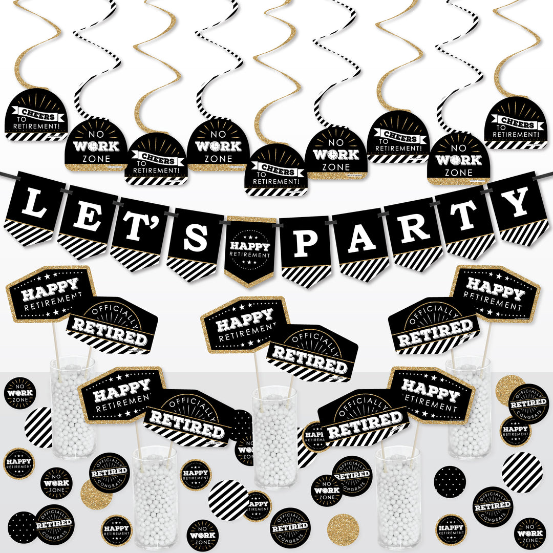 A set of retirement party supplies including a bunting banner, swirl decorations, table toppers, and circle confetti in black, white, and gold colors.