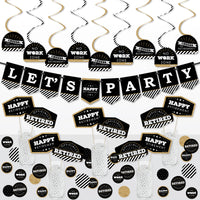 A set of retirement party supplies including a bunting banner, swirl decorations, table toppers, and circle confetti in black, white, and gold colors.