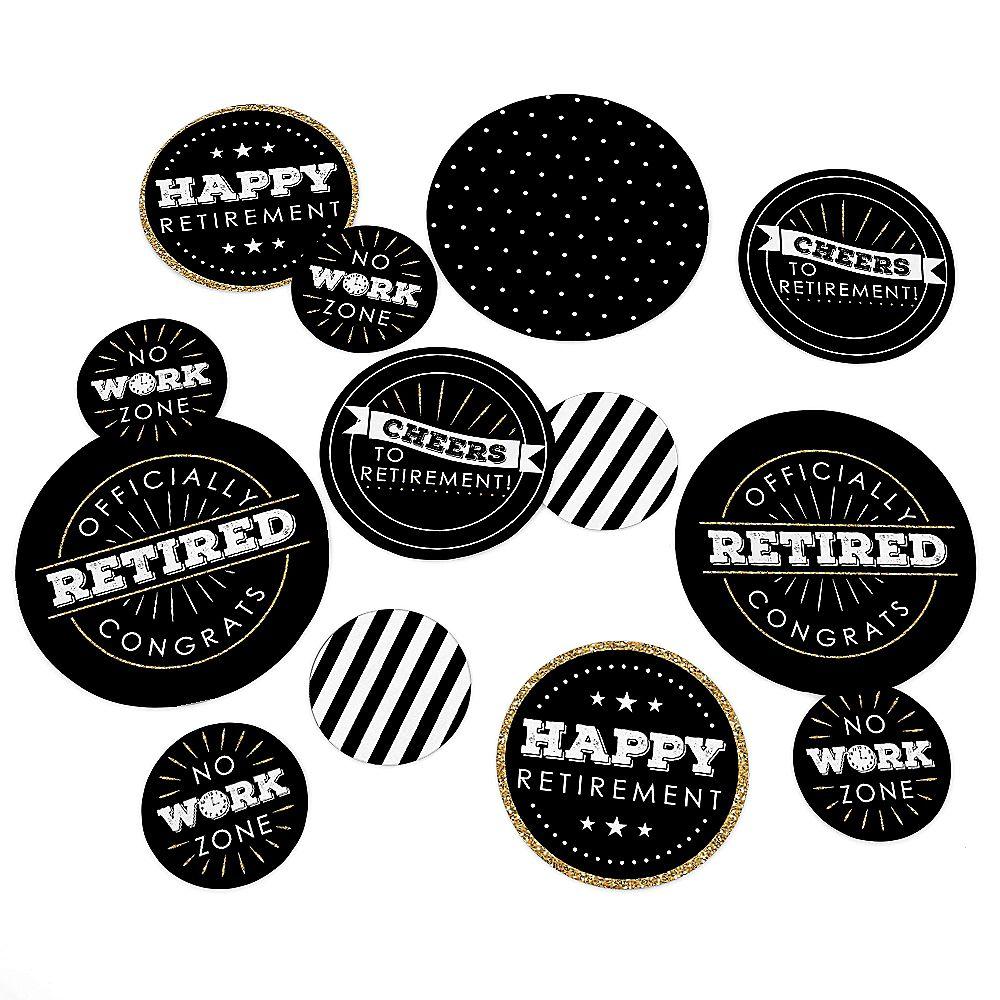 A set of black and white circular confetti pieces with various retirement-themed messages such as 'Happy Retirement' and 'No work zone'.