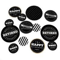 A set of black and white circular confetti pieces with various retirement-themed messages such as 'Happy Retirement' and 'No work zone'.